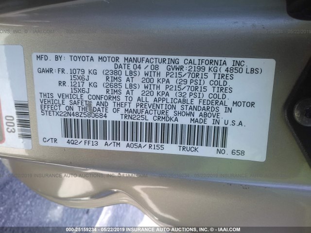 5TETX22N48Z580684 - 2008 TOYOTA TACOMA ACCESS CAB ოქროსფერი ფოტო 9