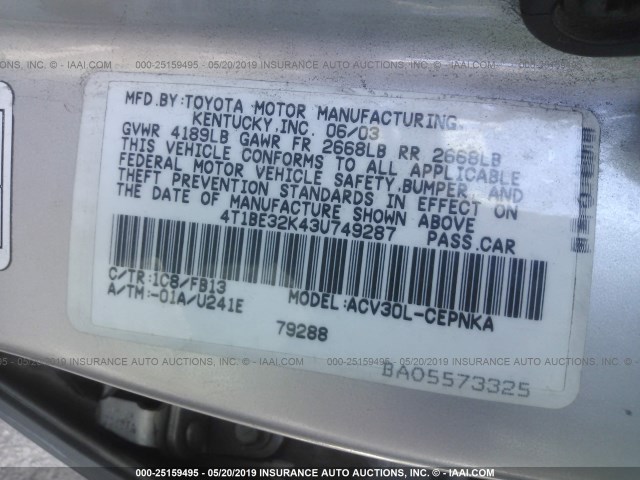 4T1BE32K43U749287 - 2003 TOYOTA CAMRY LE/XLE/SE SILVER photo 9