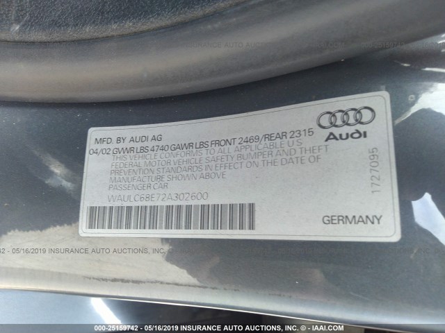 WAULC68E72A302600 - 2002 AUDI A4 1.8T QUATTRO GRAY photo 9