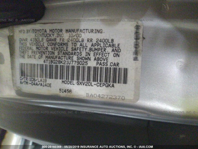 4T1BG28K21U779025 - 2001 TOYOTA CAMRY CE/LE/XLE ვერცხლისფერი ფოტო 9