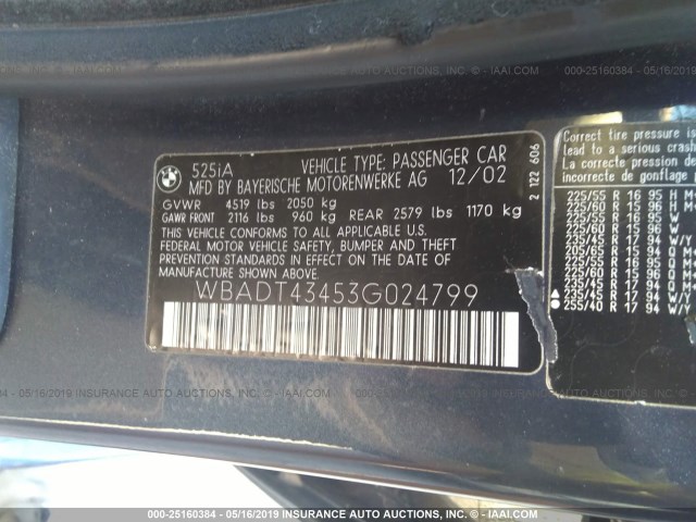 WBADT43453G024799 - 2003 BMW 525 I AUTOMATIC BLUE photo 9