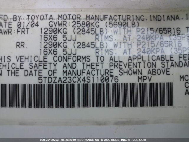 5TDZA23CX4S110076 - 2004 TOYOTA SIENNA CE/LE WHITE photo 9