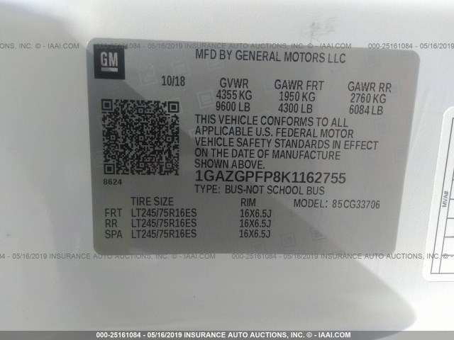 1GAZGPFP8K1162755 - 2019 CHEVROLET EXPRESS G3500 LT WHITE photo 9