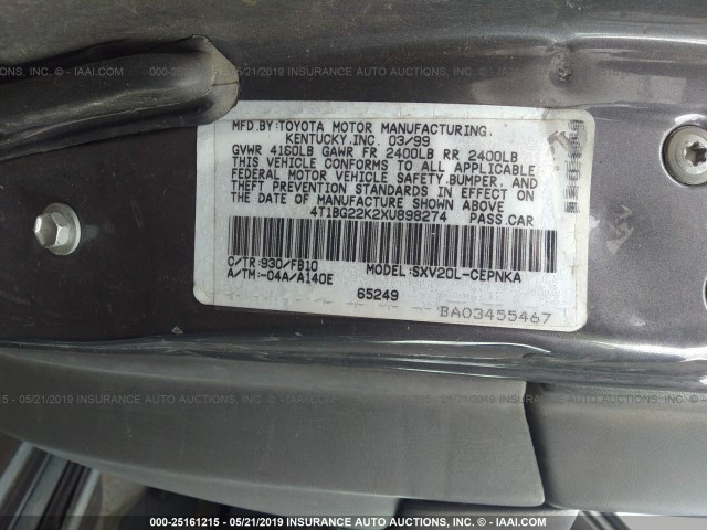 4T1BG22K2XU898274 - 1999 TOYOTA CAMRY CE/LE/XLE 灰色 照片 9