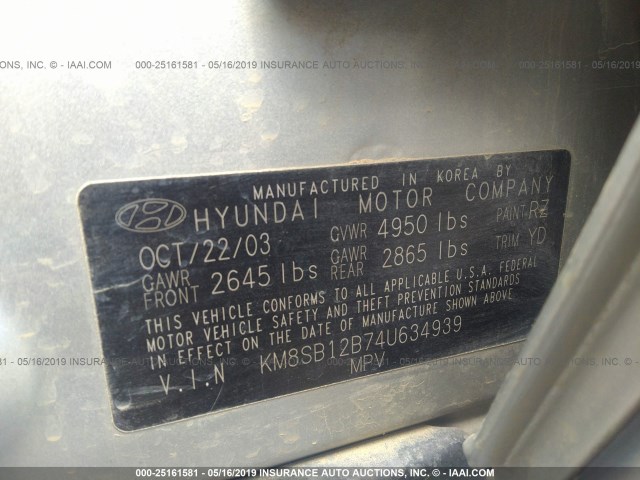 KM8SB12B74U634939 - 2004 HYUNDAI SANTA FE GL SILVER photo 9