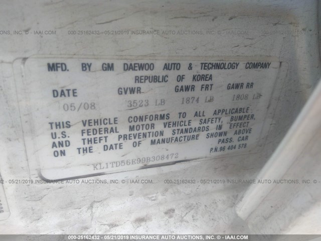 KL1TD56E99B308472 - 2009 CHEVROLET AVEO LS/LT Ақ фото 9