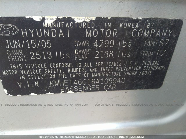 KMHET46C16A105943 - 2006 HYUNDAI SONATA GL SILVER photo 9