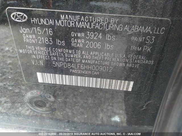 5NPD84LF6HH009012 - 2017 HYUNDAI ELANTRA SE/VALUE/LIMITED BLACK photo 9