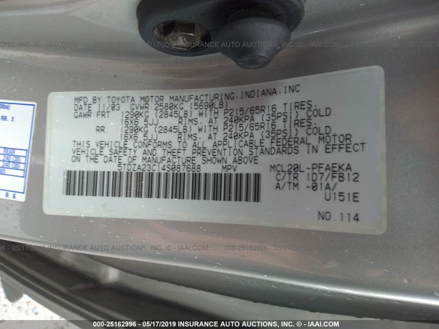 5TDZA23C14S087688 - 2004 TOYOTA SIENNA CE/LE SILVER photo 9