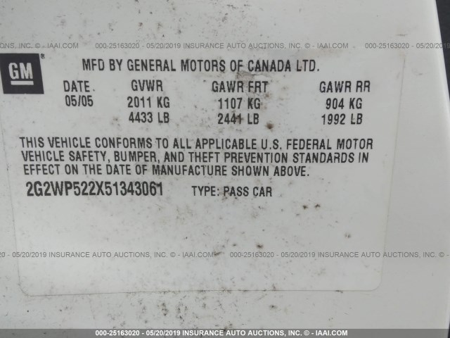 2G2WP522X51343061 - 2005 PONTIAC GRAND PRIX 白色 照片 9