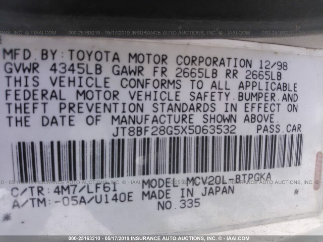 JT8BF28G5X5063532 - 1999 LEXUS ES 300 SILVER photo 9