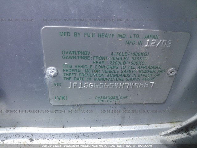 JF1SG65654H749667 - 2004 SUBARU FORESTER 2.5XS ვერცხლისფერი ფოტო 9