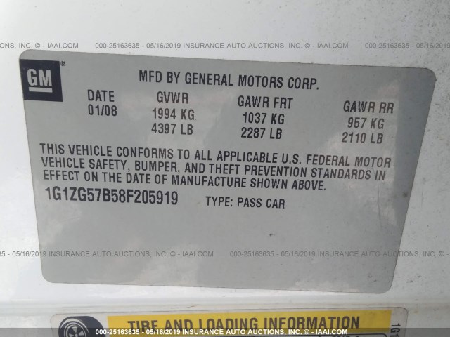 1G1ZG57B58F205919 - 2008 CHEVROLET MALIBU LS WHITE photo 9