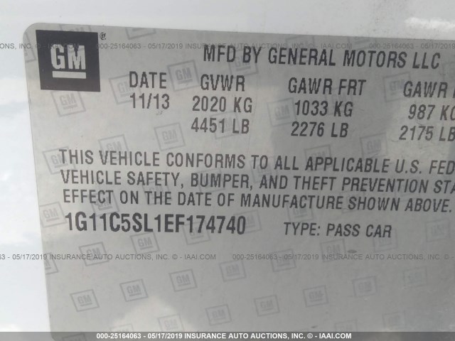 1G11C5SL1EF174740 - 2014 CHEVROLET MALIBU 1LT WHITE photo 9