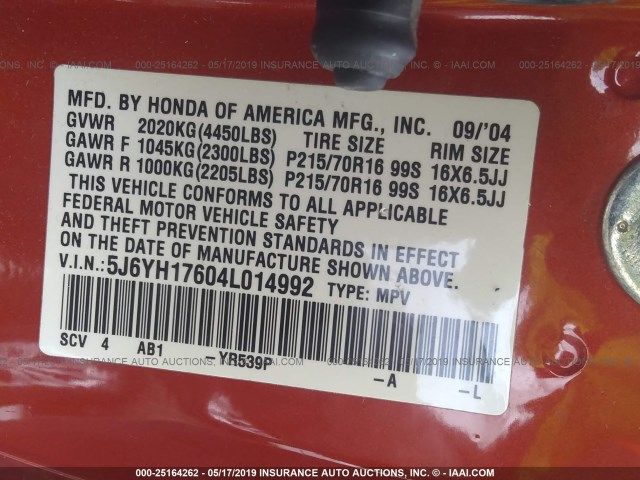 5J6YH17604L014992 - 2004 HONDA ELEMENT EX ORANGE photo 9