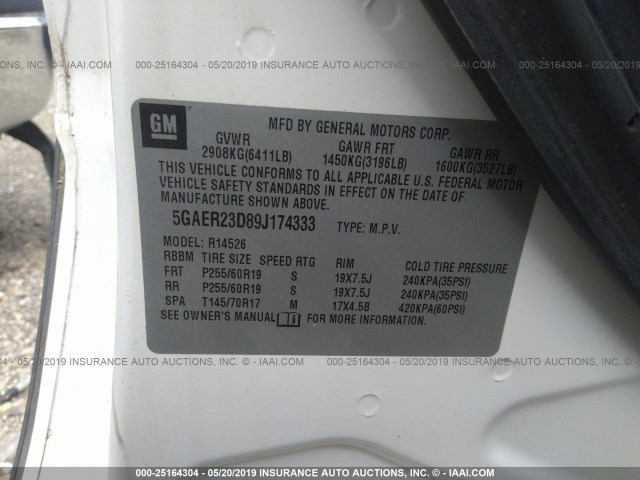 5GAER23D89J174333 - 2009 BUICK ENCLAVE CXL WHITE photo 9