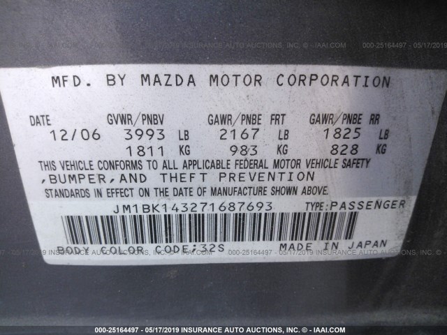 JM1BK143271687693 - 2007 MAZDA 3 HATCHBACK GRAY photo 9