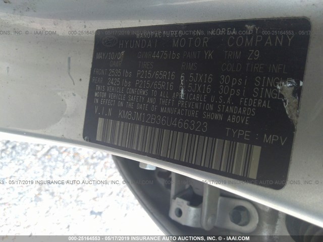 KM8JM12B36U466323 - 2006 HYUNDAI TUCSON GL SILVER photo 9