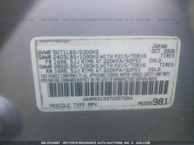 JA4MS31X37U007224 - 2007 MITSUBISHI OUTLANDER ES/LS SILVER photo 9