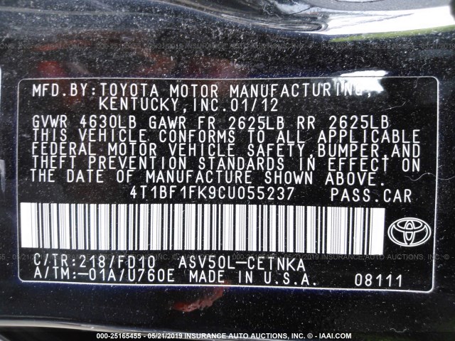 4T1BF1FK9CU055237 - 2012 TOYOTA CAMRY SE/LE/XLE BLACK photo 9