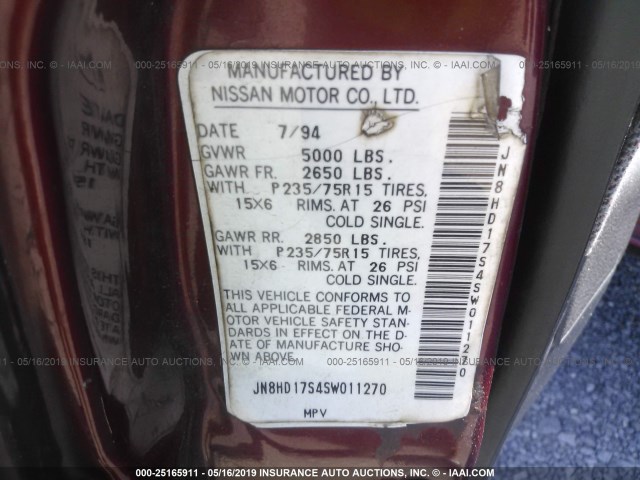 JN8HD17S4SW011270 - 1995 NISSAN PATHFINDER XE/LE RED photo 9