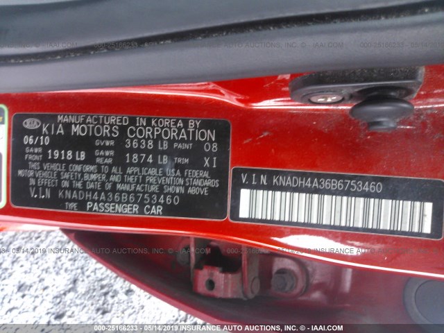 KNADH4A36B6753460 - 2011 KIA RIO LX/SX RED photo 9