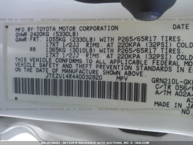 JTEZU14R440032820 - 2004 TOYOTA 4RUNNER WHITE photo 9