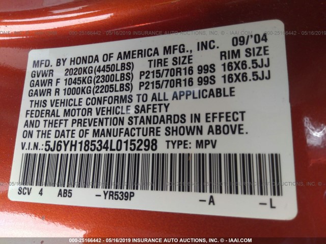 5J6YH18534L015298 - 2004 HONDA ELEMENT EX ORANGE photo 9