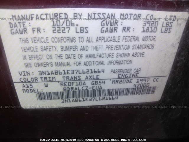 3N1AB61E37L621664 - 2007 NISSAN SENTRA 2.0/2.0S/2.0SL MAROON photo 9