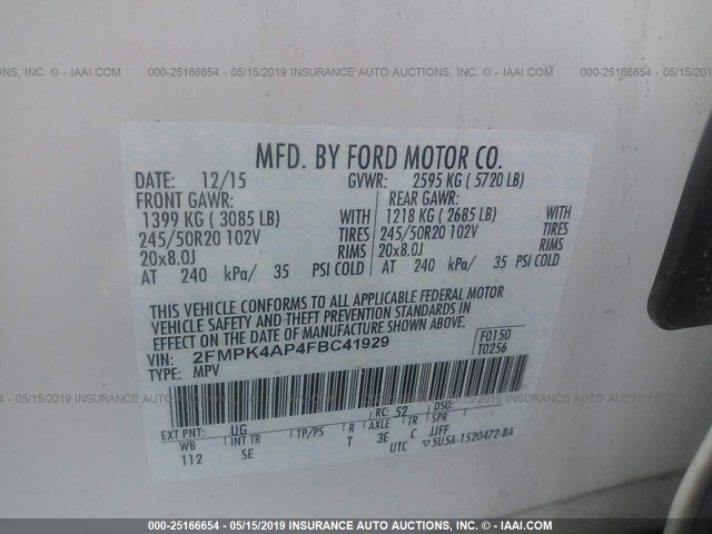 2FMPK4AP4FBC41929 - 2015 FORD EDGE Beyaz fotoğraf 9