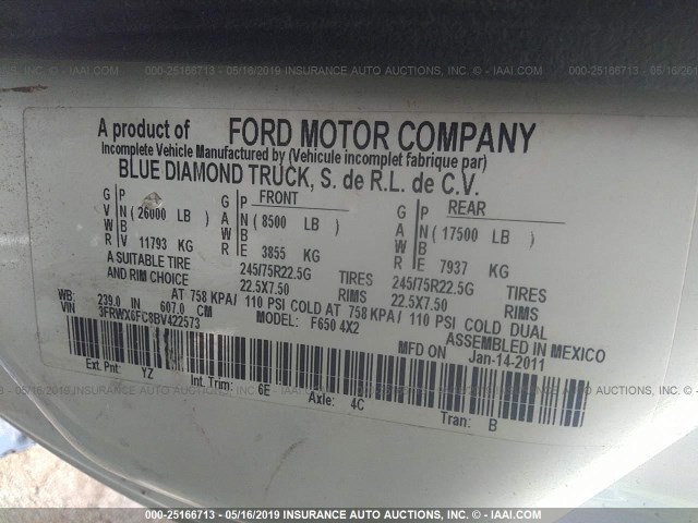 3FRWX6FC8BV422573 - 2011 FORD F650 SUPER DUTY Unknown photo 9