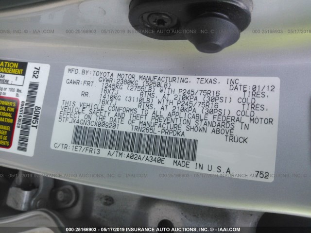 5TFJX4GN3CX009201 - 2012 TOYOTA TACOMA DOUBLE CAB 银色 照片 9