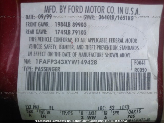 1FAFP343XYW149428 - 2000 FORD FOCUS SE/SE SPORT RED photo 9