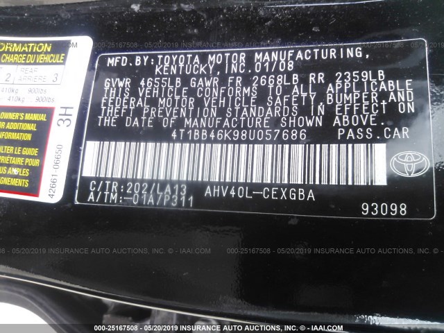 4T1BB46K98U057686 - 2008 TOYOTA CAMRY HYBRID BLACK photo 9