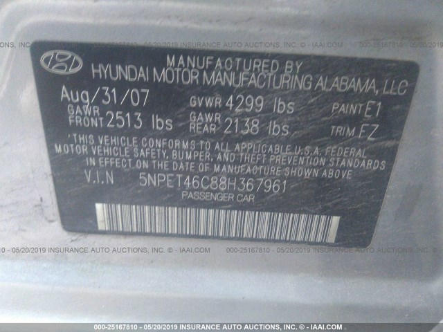 5NPET46C88H367961 - 2008 HYUNDAI SONATA GLS GRAY photo 9