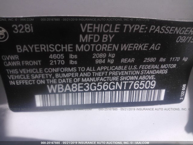 WBA8E3G56GNT76509 - 2016 BMW 328 XI SULEV WHITE photo 9