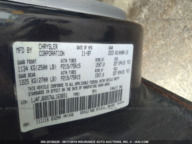 1J4FJ68S7WL163651 - 1998 JEEP CHEROKEE SPORT/CLASSIC შავი ფოტო 9