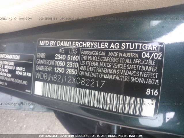 WDBJH82J12X082217 - 2002 MERCEDES-BENZ E 320 4MATIC GREEN photo 9