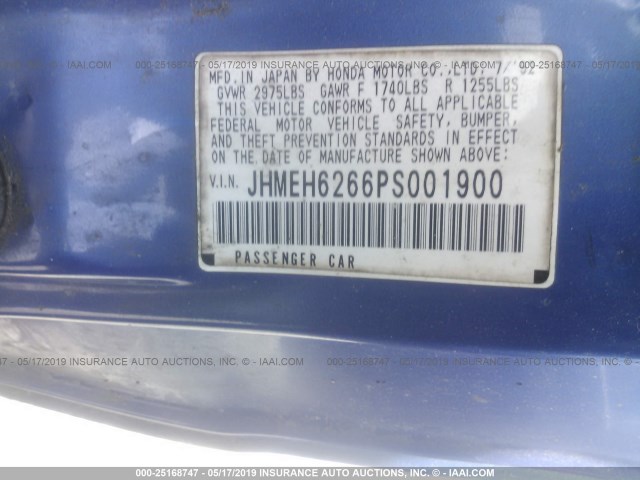 JHMEH6266PS001900 - 1993 HONDA CIVIC DEL SOL SI BLUE photo 9