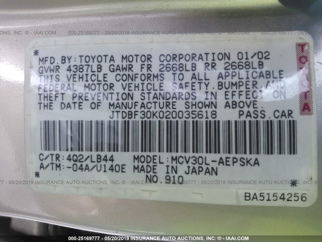 JTDBF30K020035618 - 2002 TOYOTA CAMRY LE/XLE/SE GOLD photo 9