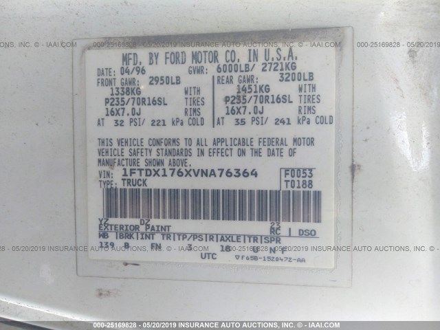 1FTDX176XVNA76364 - 1997 FORD F150 WHITE photo 9