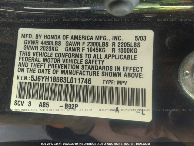 5J6YH18583L011746 - 2003 HONDA ELEMENT EX BLACK photo 9