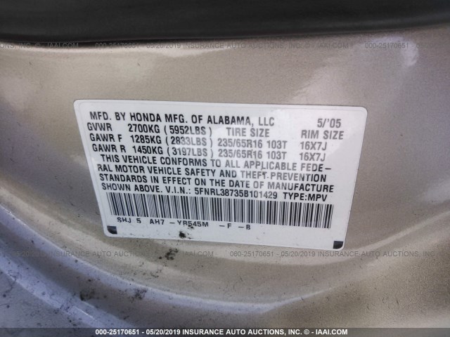 5FNRL38735B101429 - 2005 HONDA ODYSSEY EXL GOLD photo 9