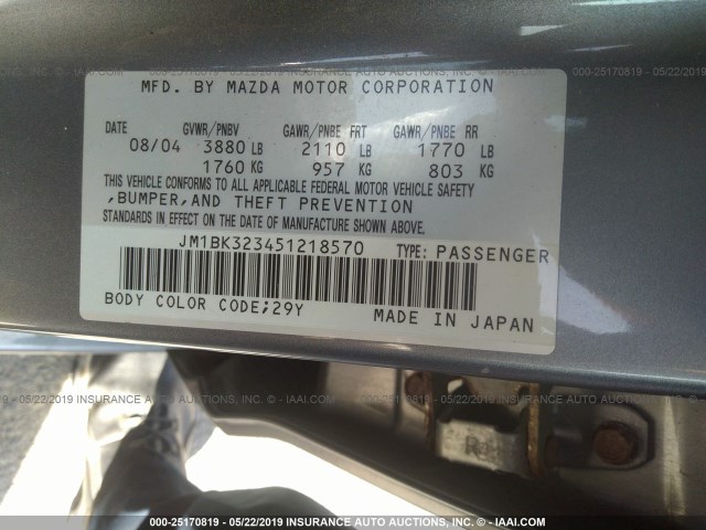 JM1BK323451218570 - 2005 MAZDA 3 S SILVER photo 9