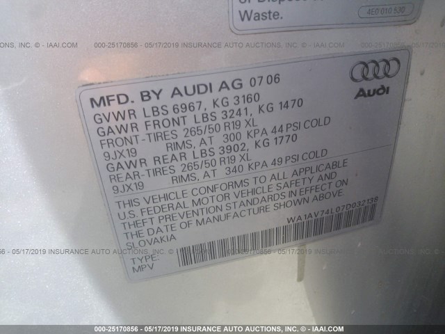 WA1AV74L07D032138 - 2007 AUDI Q7 4.2 QUATTRO SILVER photo 9