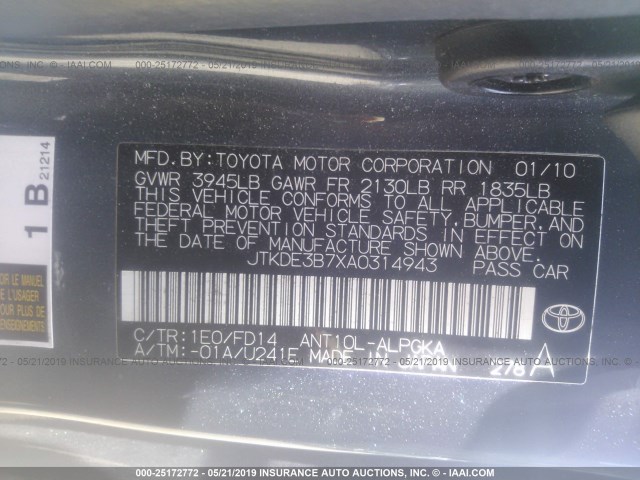 JTKDE3B7XA0314943 - 2010 TOYOTA SCION TC ნაცრისფერი ფოტო 9