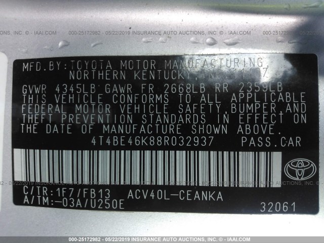 4T4BE46K88R032937 - 2008 TOYOTA CAMRY CE/LE/XLE/SE GRAY photo 9