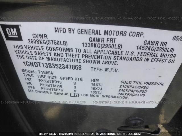 1GNDT13S352347868 - 2005 CHEVROLET TRAILBLAZER LS/LT TAN photo 9