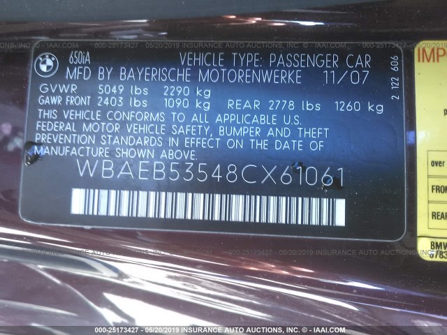 WBAEB53548CX61061 - 2008 BMW 650 I PURPLE photo 9