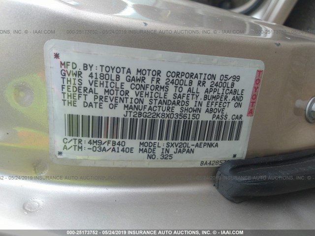 JT2BG22K8X0356150 - 1999 TOYOTA CAMRY LE/XLE BEIGE photo 9